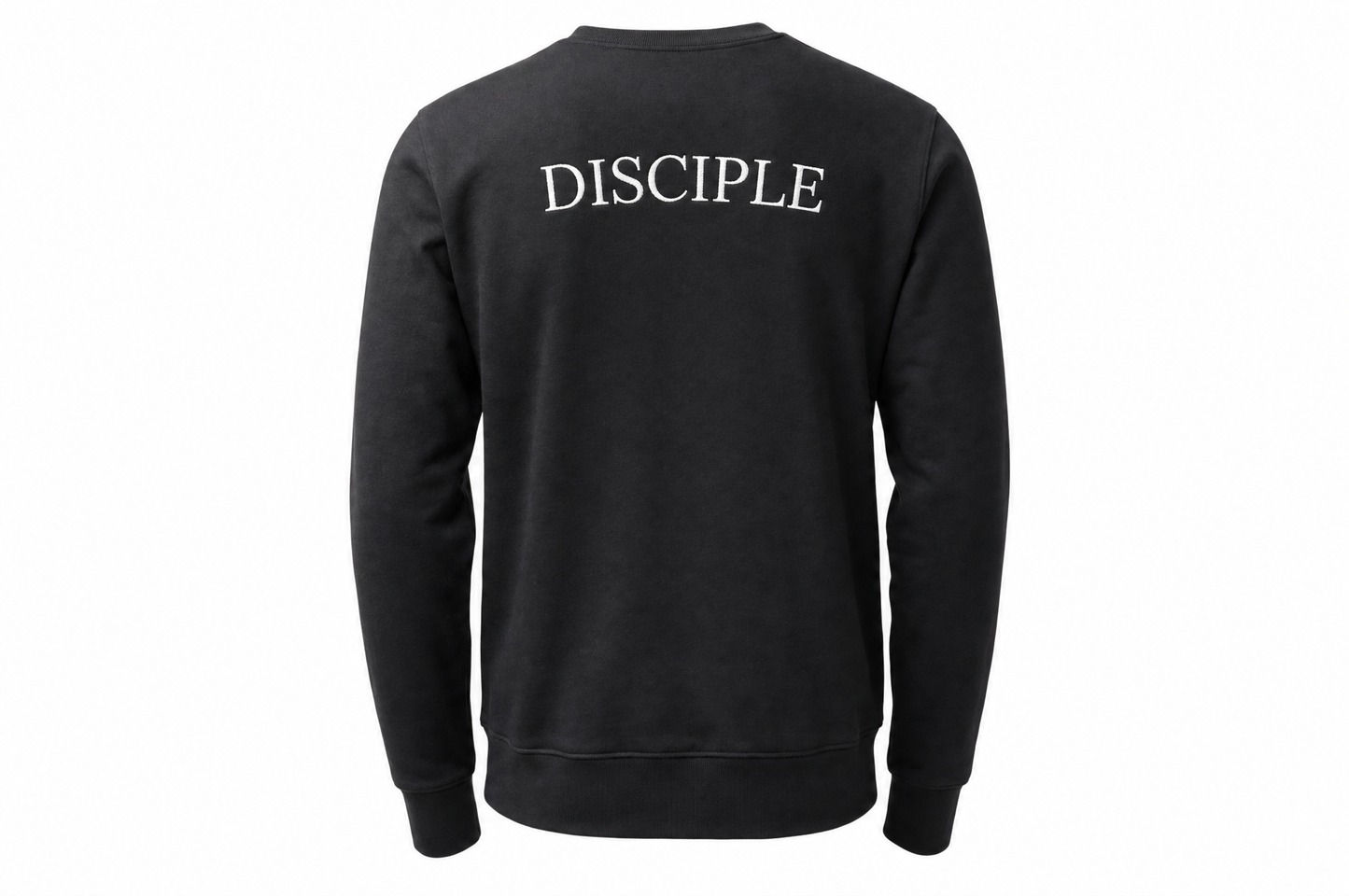 Disciple Sweater in Black — back, embroidered disciple artwork