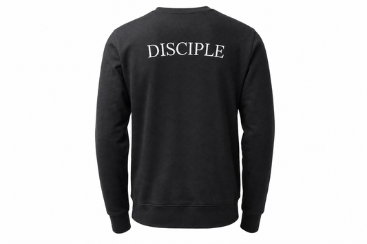 Disciple Sweater in Black — back, embroidered disciple artwork