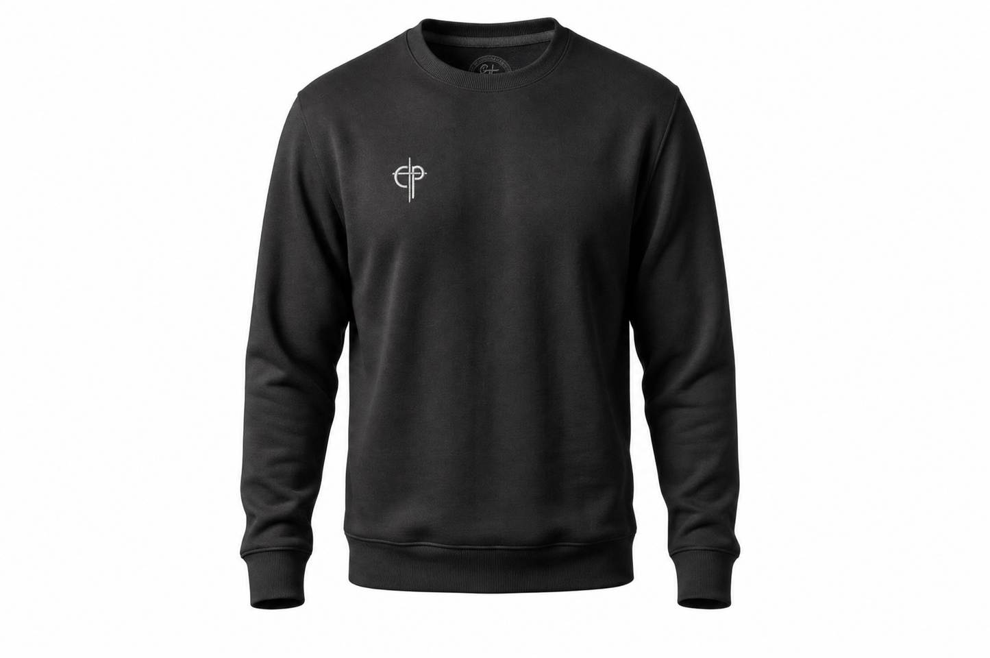 Disciple Sweater in Black — front, embroidered Cedar and Psalm badge