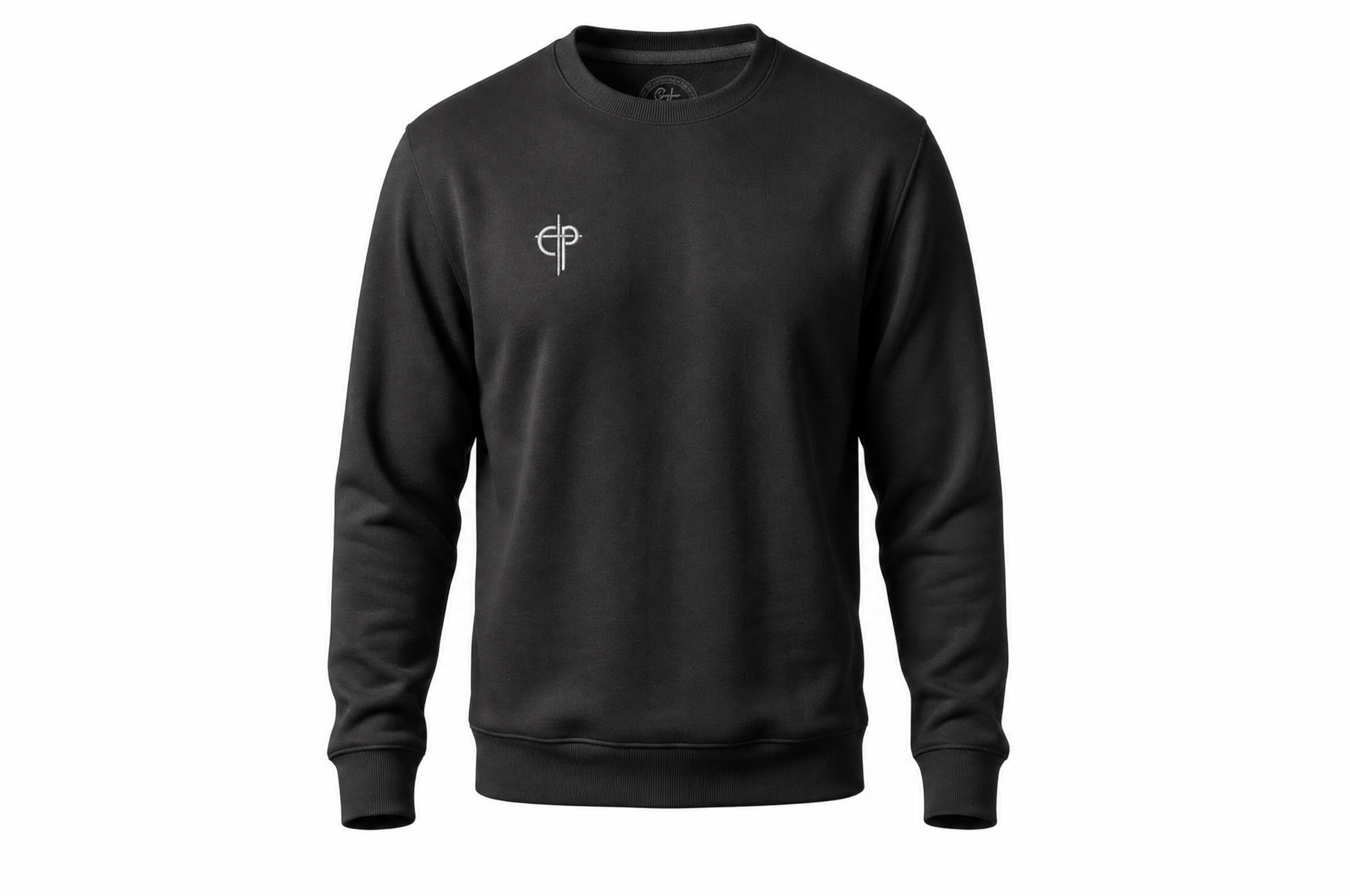 Disciple Sweater in Black — front, embroidered Cedar and Psalm badge