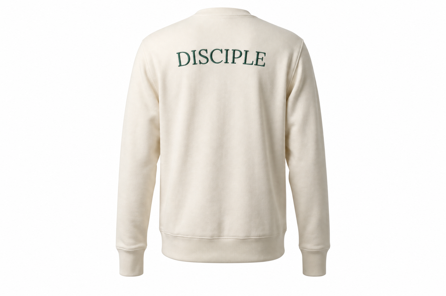 Disciple Sweater in Bone — back, embroidered disciple artwork