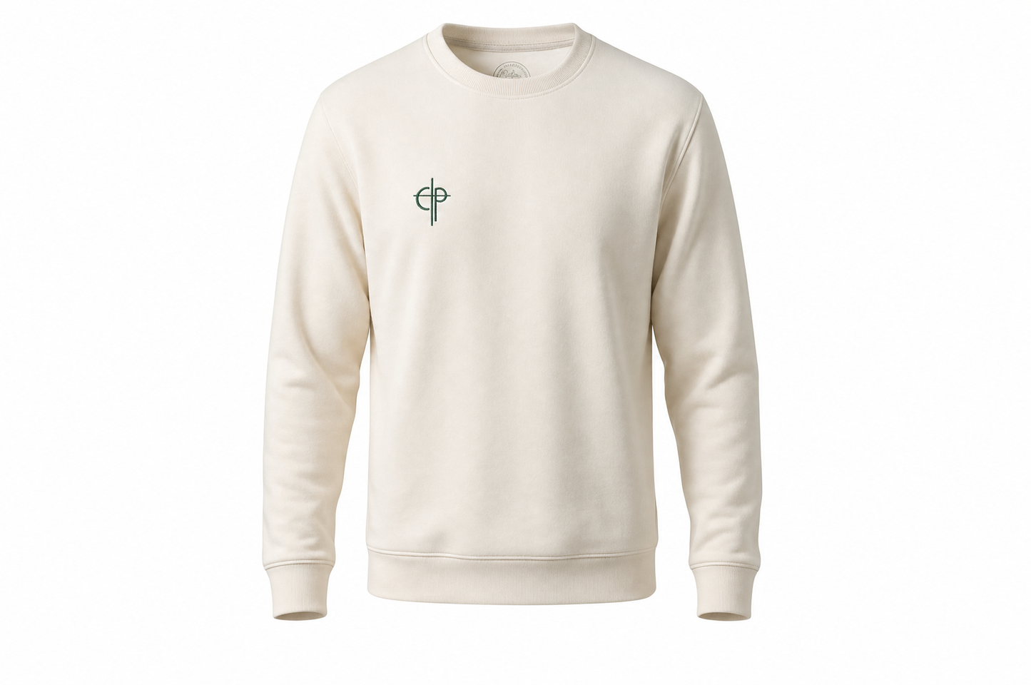 Disciple Sweater in Bone — front, embroidered Cedar and Psalm badge